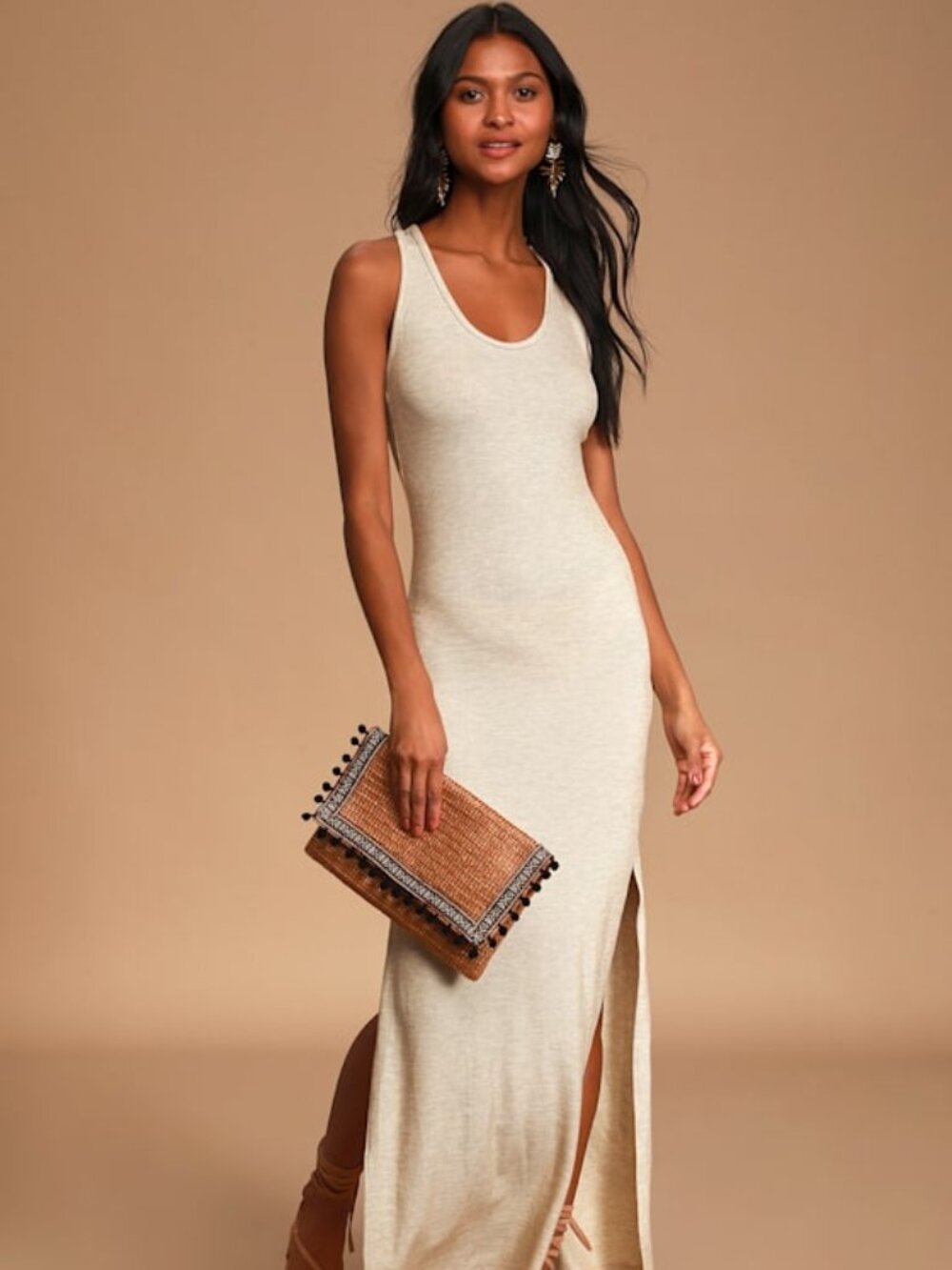 Lulus Relaxed But Not Least Beige Ribbed Sleeveless Maxi Dress - Size S